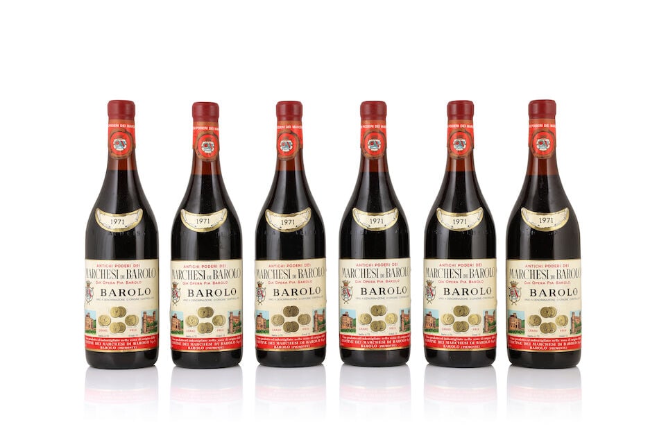 Marchesi di Barolo, Barolo, 1971 (12 x 750ml): Marchesi di Barolo, Barolo, 1971 (12 x 750ml) Region: Piedmont Fill Level: 2 at 3cm, 1 at 3.5cm, rest better Capsule: plastic capsules Label: lightly bin-soiled, damp-stained and worn, with worn, damp