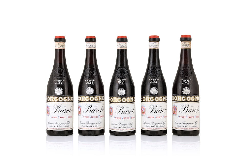 Borgogno, Barolo Riserva, 1947 (5 x 750ml): Borgogno, Barolo Riserva, 1947 (5 x 750ml) Region: Piedmont Fill Level: 4 at 4.5cm, 1 at 5cm below base of capsule Label: lightly bin-soiled, damp-affected and worn labels Packaging: badly damp