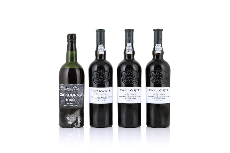 Cockburn's, 1950 (1 x 750ml) Taylor's, Vargellas Vinha Velha, 2011 (3 x 750ml): Cockburn's, 1950 (1 x 750ml) Region: Portugal Fill Level: low mid shoulder Capsule: remains only with signs of seepage Label: badly bin-soiled Taylor's, Vargellas Vinha Velha, 2011 (3 x