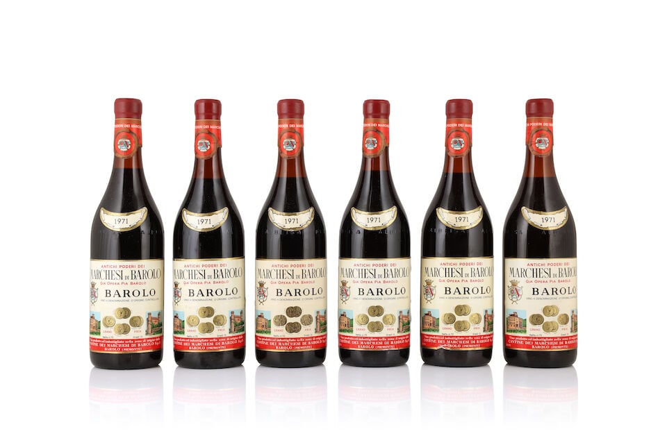Marchesi di Barolo, Barolo, 1971 (12 x 750ml): Marchesi di Barolo, Barolo, 1971 (12 x 750ml) Region: Piedmont Fill Level: 4 at 3cm, 3 at 3.5cm, 1 at 4cm, rest below 3cm Capsule: plastic capsules Label: lightly bin-soiled, damp-stained and worn, wi