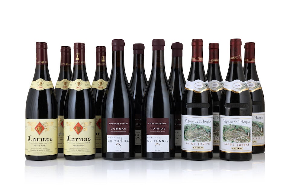 Domaine du Tunnel, Cornas, 2020 (6 x 750ml) Domaine Auguste Clape, Cornas, 2016 (6 x 750ml) E.Gu...: Domaine du Tunnel, Cornas, 2020 (6 x 750ml) Region: Rhône Label: 4 creased labels Packaging: original carton Domaine Auguste Clape, Cornas, 2016 (6 x 750ml) Region: Rhône Packaging: original