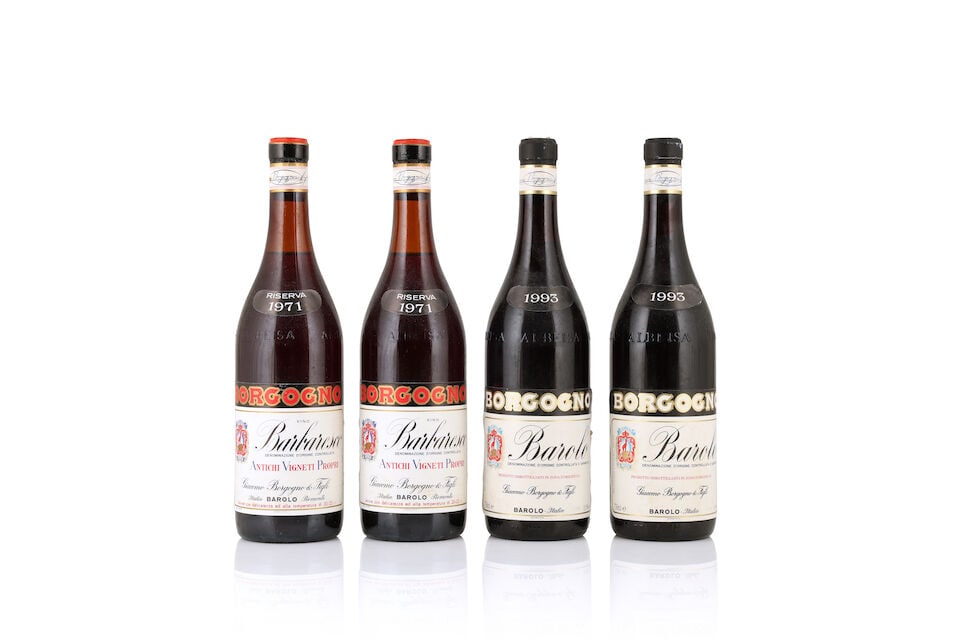 Borgogno, Barolo, 1993 (2 x 750ml) Borgogno, Barbaresco Riserva, 1971 (2 x 750ml): Borgogno, Barolo, 1993 (2 x 750ml) Region: Piedmont Fill Level: 2 at 3cm Capsule: corroded Label: bin-soiled, damp-affected, worn and peeling, 1 nicked, 1 part detached vintage label Borgogno, Barbare