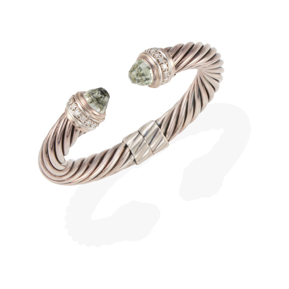 DAVID YURMAN: STERLING SILVER, DIAMOND AND GREEN QUARTZ CUFF BRACELET (1 of 2)