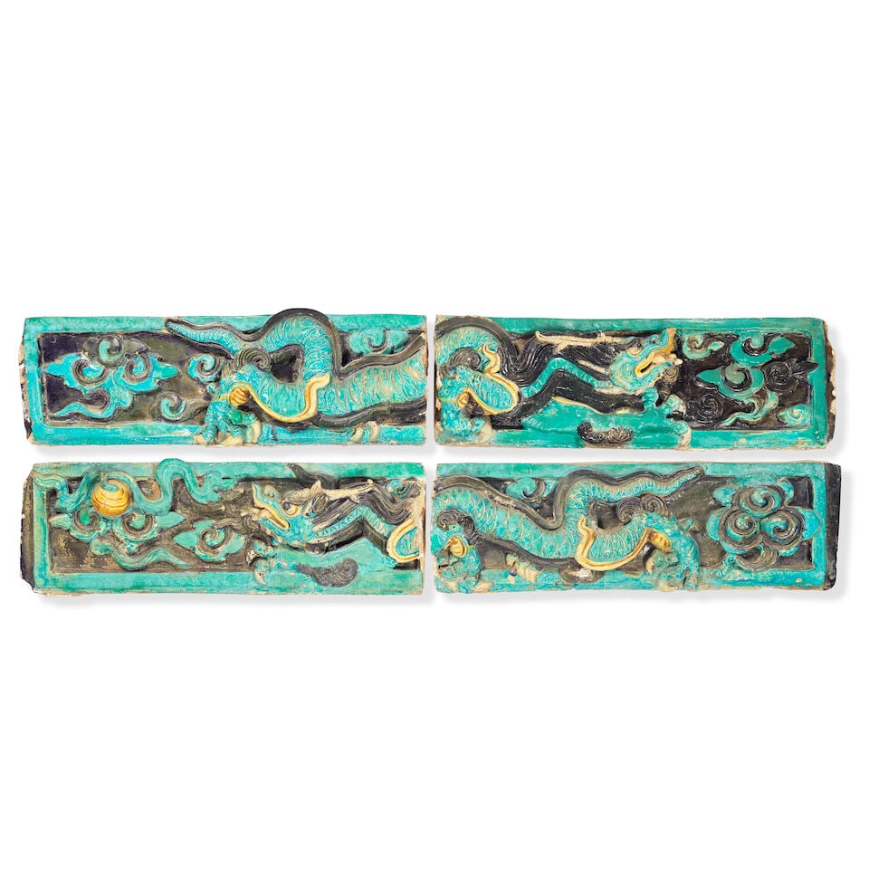 TWO PAIRS OF FAHUA DRAGON WALL TILES Ming Dynasty (4) (1 of 3)