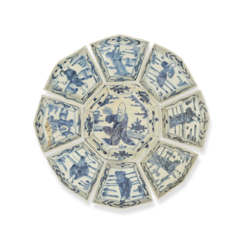 A BLUE AND WHITE NINE-PIECE 'IMMORTALS' SWEET MEAT SET Late Ming Dynasty (9) (1 of 3)