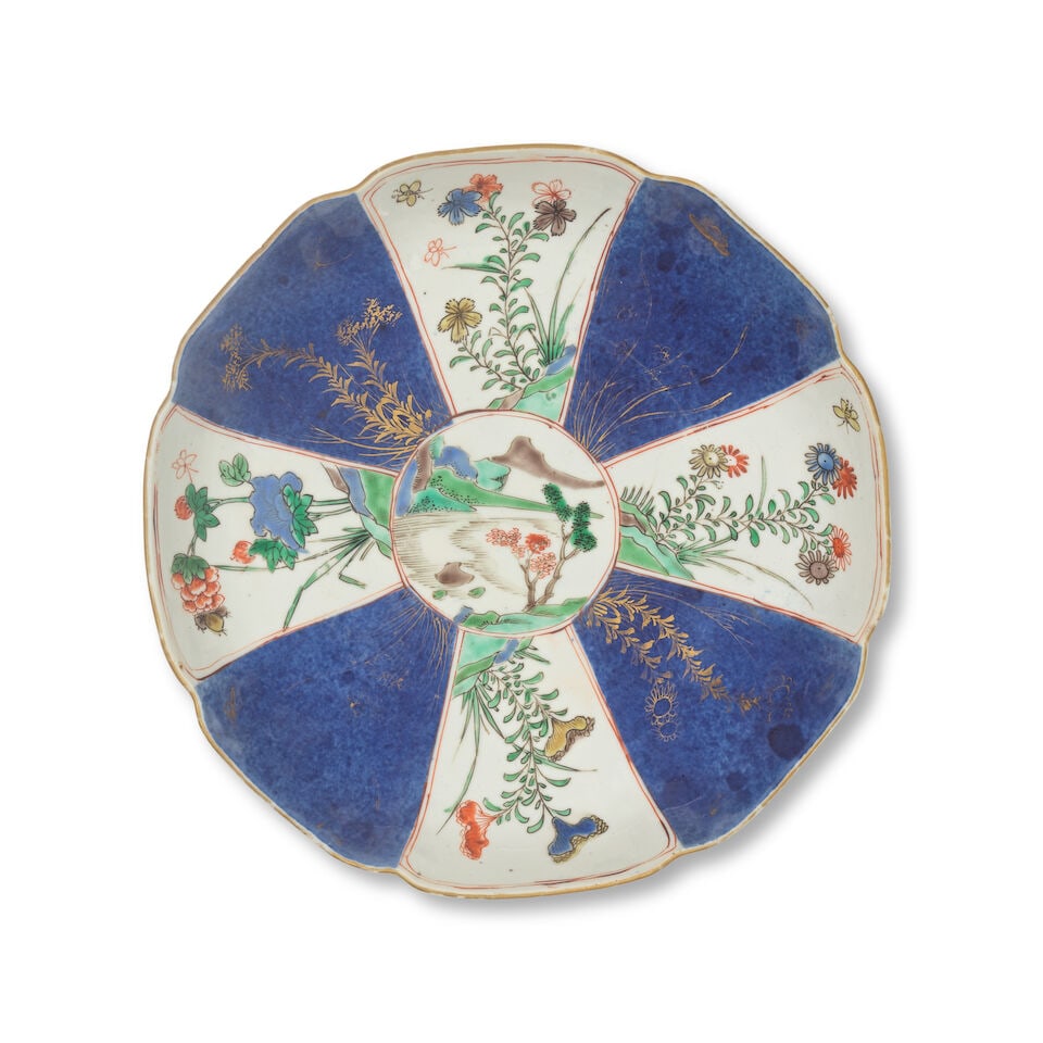 A GILT DECORATED POWDER BLUE AND FAMILLE VERTE FOLIATE DISH Kangxi (1 of 2)