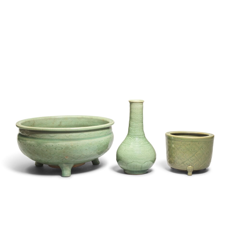 TWO LONGQUAN CELADON INCENSE BURNERS AND A BOTTLE VASE Ming Dynasty, 15th/16th century (3) (1 of 2)
