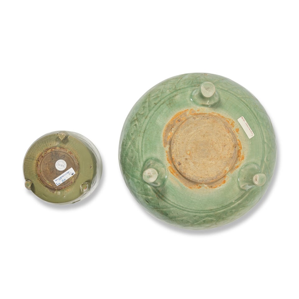 TWO LONGQUAN CELADON INCENSE BURNERS AND A BOTTLE VASE Ming Dynasty, 15th/16th century (3) - 2