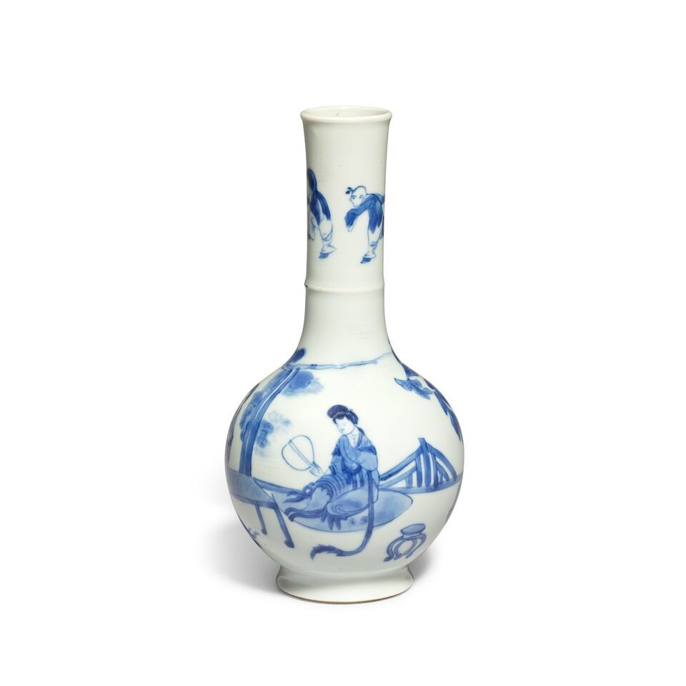 A BLUE AND WHITE 'LADY AND BOYS' BOTTLE VASE Chenghua four-character mark, Kangxi (1 of 3)
