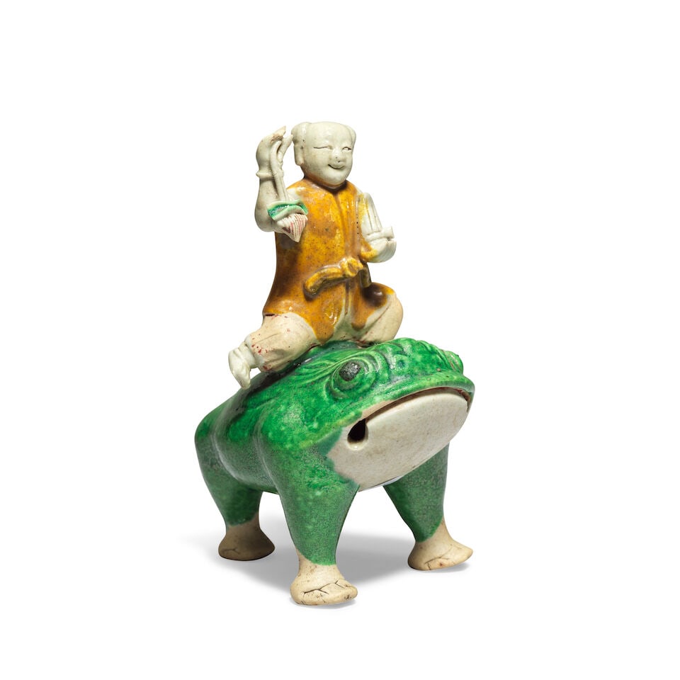 A FAMILLE VERTE BISCUIT FIGURE OF LIU HAI RIDING A TOAD Kangxi (1 of 2)