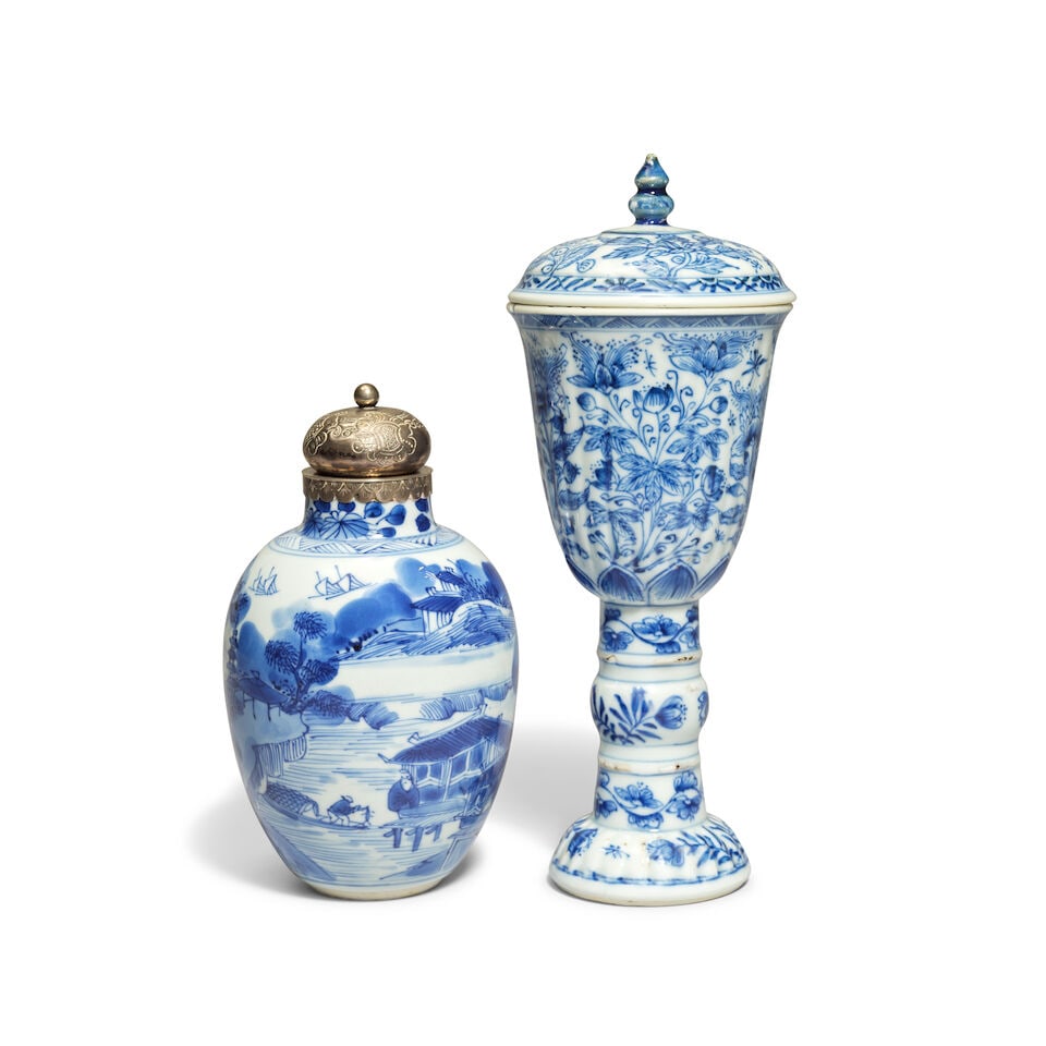 A SILVER-MOUNTED BLUE AND WHITE 'MASTER OF THE ROCKS' STYLE JAR AND A BLUE AND WHITE 'FLORAL' WI... (1 of 2)