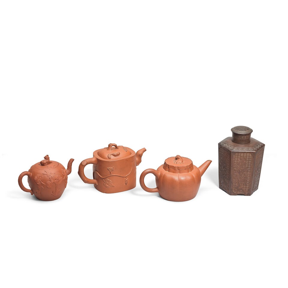 THREE YIXING STONEWARE TEAPOTS AND A CADDY AND COVER Kangxi/19th century (8) - 2