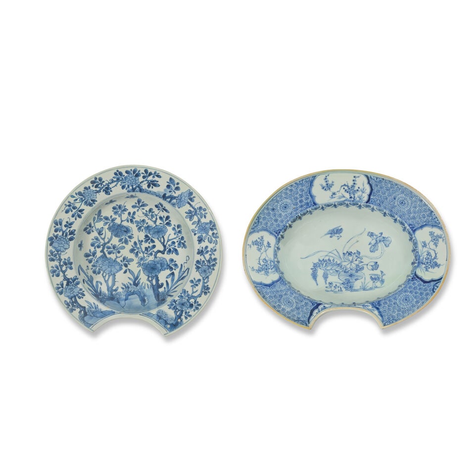 TWO BLUE AND WHITE BARBER'S BOWLS Yongzheng; and Kangxi six-character mark and of the period (2) (1 of 2)