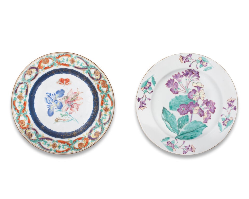A FAMILLE ROSE 'MERIAN' DISH AND A RARE 'HANS SLOANE' DISH Qianlong (2) (1 of 2)