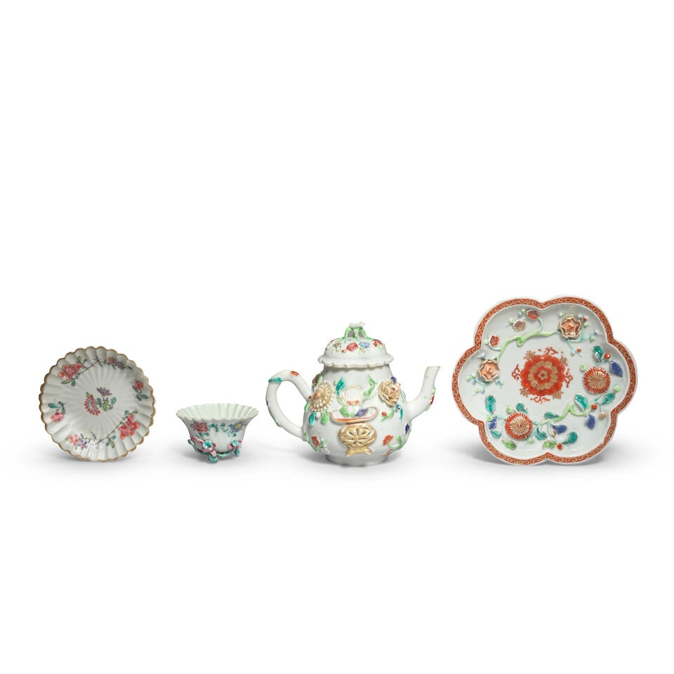 A MOULDED FAMILLE ROSE TEAPOT, COVER AND STAND, AND A CUP AND A SAUCER Yongzheng (5) - 2