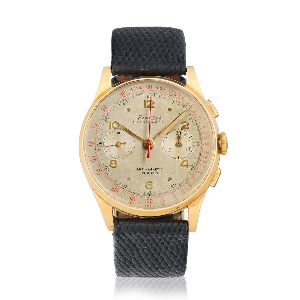 Exactus. An 18K gold manual wind chronograph wristwatch Circa 1950 (1 of 3)