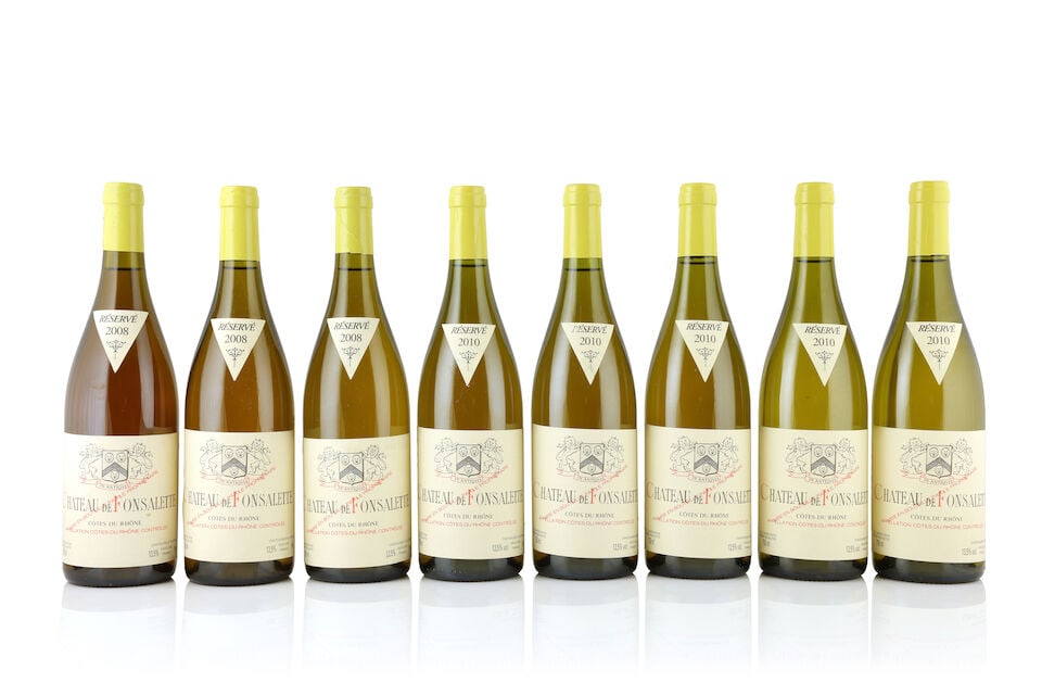 Château Rayas, Château de Fonsalette, Côtes du Rhône Blanc, 2008 (3 x 750mL)...: Château Rayas, Château de Fonsalette, Côtes du Rhône Blanc, 2008 (3 x 750mL) Region: Rhône Valley Label: 1 lightly bin-soiled Notes: 1 deeper colour Château Rayas, Ch