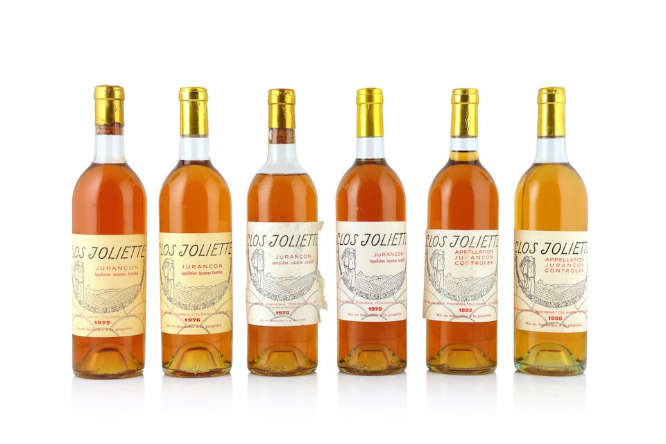 Clos Joliette, 1975 (1 x 750ml) Clos Joliette, 1976 (1 x 750ml) Clos Joliette, 1978 (1 x 750ml...: Clos Joliette, 1975 (1 x 750ml) Region: Jurançon Fill Level: top Label: lightly bin-soiled Notes: tartrates/sediment visible Clos Joliette, 1976 (1 x 750ml) Region: Jurançon Fill Level: very