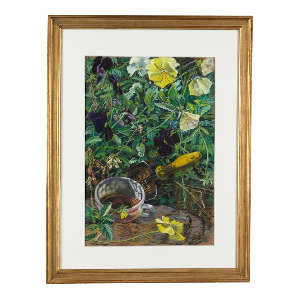 JANET FISH (1938-2025) Pansies, Trowel and Coffee 29 1/2 x 20 3/4 in (74.9 x 52.6 cm) (Executed ... - 2