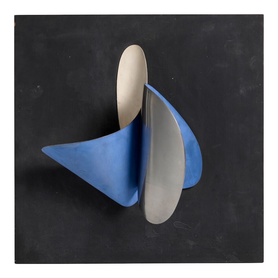 JOSÉ DE RIVERA (1904-1985) Blue and Black #20 16 x 16 x 6 1/2 in (66 x 66 x 16.5 cm) (): JOSÉ DE RIVERA (1904-1985) Blue and Black #20 signed and numbered '#20 De Rivera' (on the reverse) oil on aluminum and wood 16 x 16 x 6 1/2 in (66 x 66 x 16.5 cm) Footnotes: Provenance Grace Borg