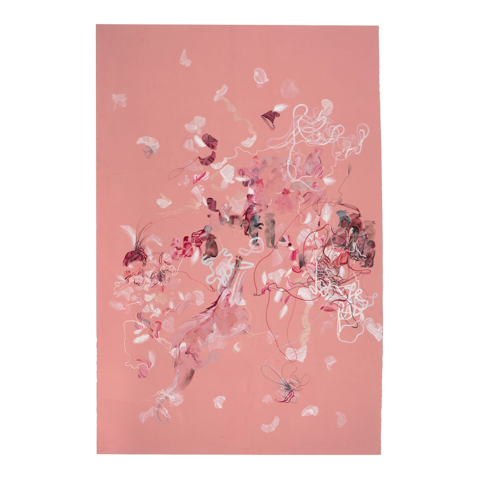 SHAHZIA SIKANDER (B. 1969) Untitled (Pathology of Suspension #10) 77 1/2 x 51 1/2 in (196.9 x 13...: SHAHZIA SIKANDER (B. 1969) Untitled (Pathology of Suspension #10) signed 'Sikander' (on the reverse) ink and gouache on painted paper 77 1/2 x 51 1/2 in (196.9 x 130.8 cm) Executed circa 2005 Footnote