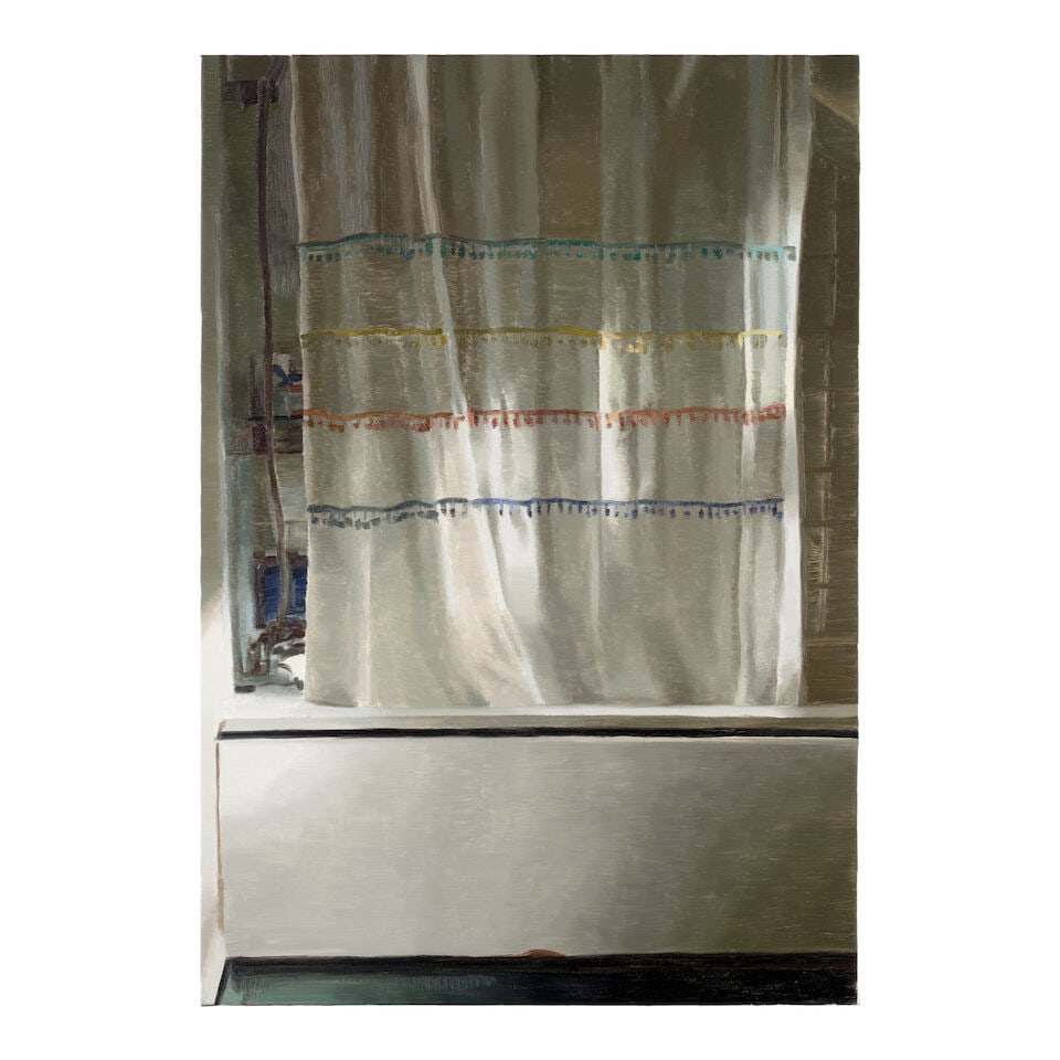 MIKE SILVA (B. 1970) Shower Curtain 26 x 18 in (66 x 45.7 cm) (Painted in 2023): MIKE SILVA (B. 1970) Shower Curtain signed and dated 'Mike Silva August, 2023' (on the overlap) oil on linen 26 x 18 in (66 x 45.7 cm) Painted in 2023 Footnotes: Provenance Grimm Gallery, Amsterdam.
