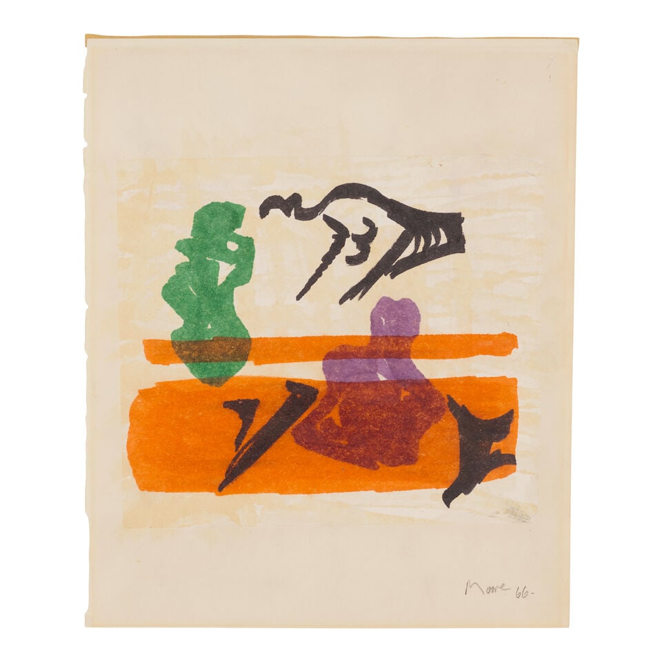 HENRY MOORE (1898-1986) Figures in Red and Green 7 1/8 x 8 3/16 in (18.1 x 20.8 cm) (sheet size)...: HENRY MOORE (1898-1986) Figures in Red and Green signed and dated 'Moore 66.' (lower right) felt-tip pen on paper mounted on paper 7 1/8 x 8 3/16 in (18.1 x 20.8 cm) (sheet size) 11 3/8 x 8 3/16 in (2