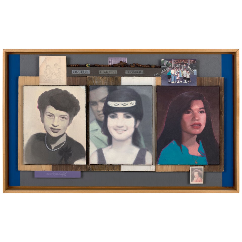 MICHAEL ALVAREZ (B. 1983) Grateful, Thankful, Blessed 17 x 28 3/4 x 3 in (43.2 x 73 x 7.6 cm) (E...: MICHAEL ALVAREZ (B. 1983) Grateful, Thankful, Blessed oil, spray paint, pencil, beaded rosary, and collage on paper, canvas and panel 17 x 28 3/4 x 3 in (43.2 x 73 x 7.6 cm) Executed in 2022 Footnotes