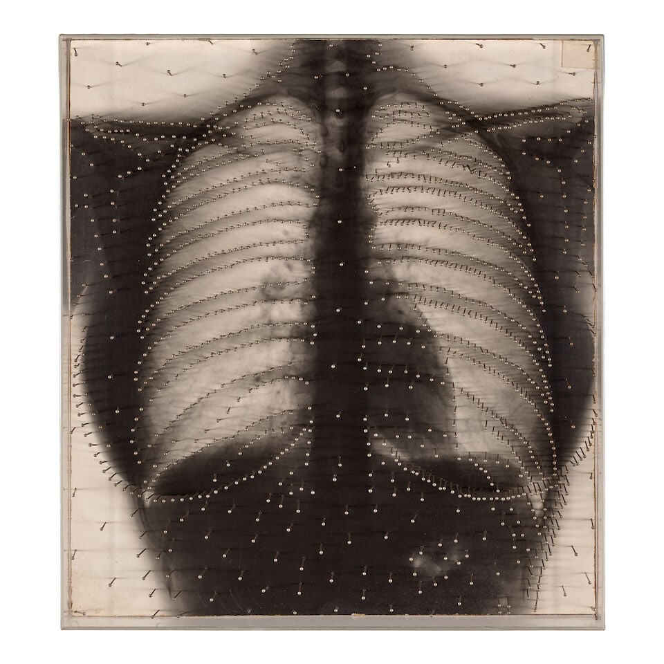 LUCAS SAMARAS (1936-2024) Untitled 14 7/8 x 13 5/8 in (37.8 x 34.5 cm) (Executed circa 1960): LUCAS SAMARAS (1936-2024) Untitled pins and printed x-ray laid on board 14 7/8 x 13 5/8 in (37.8 x 34.5 cm) Executed circa 1960 Footnotes: Provenance Acquired directly from the artist by the present o