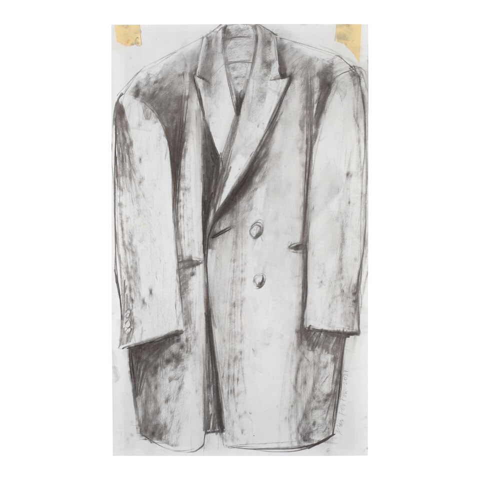 ALEX FOXTON (B. 1980) Old Coat 25 5/8 x 15 1/4 in (65 x 37.5 cm) (Executed in 2021): ALEX FOXTON (B. 1980) Old Coat signed and dated 'Alex Foxton 2021' (lower right) charcoal and masking tape on paper 25 5/8 x 15 1/4 in (65 x 37.5 cm) Executed in 2021 Footnotes: Provenance Galerie Der