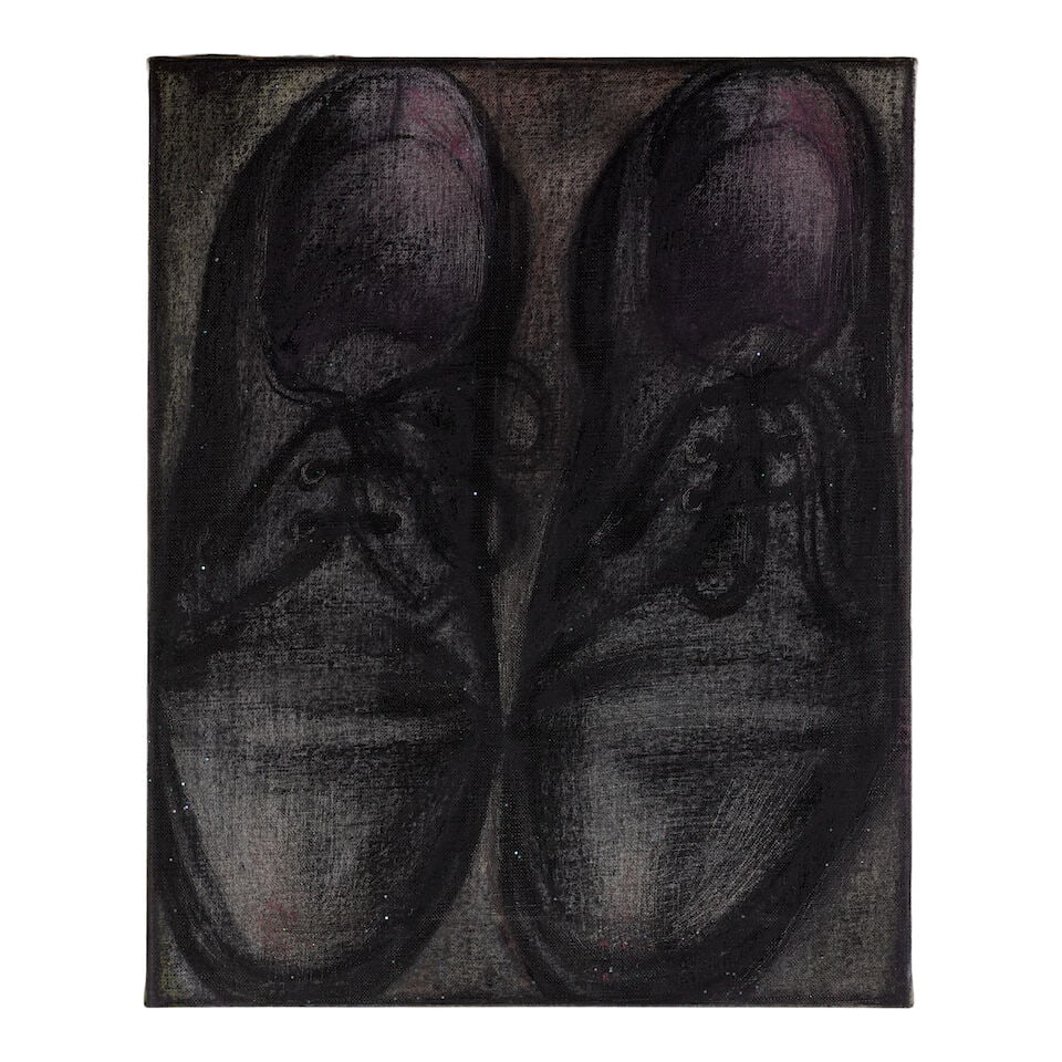 ALEX FOXTON (B. 1980) Comme des Garçons Doctor Martens (II) 16 1/8 x 13 in (40.9 x 33 cm) (...: ALEX FOXTON (B. 1980) Comme des Garçons Doctor Martens (II) signed and dated 'Alex Foxton 2021' (on the reverse) oil, charcoal, acrylic and glitter on canvas 16 1/8 x 13 in (40.9 x 33 cm) Execute