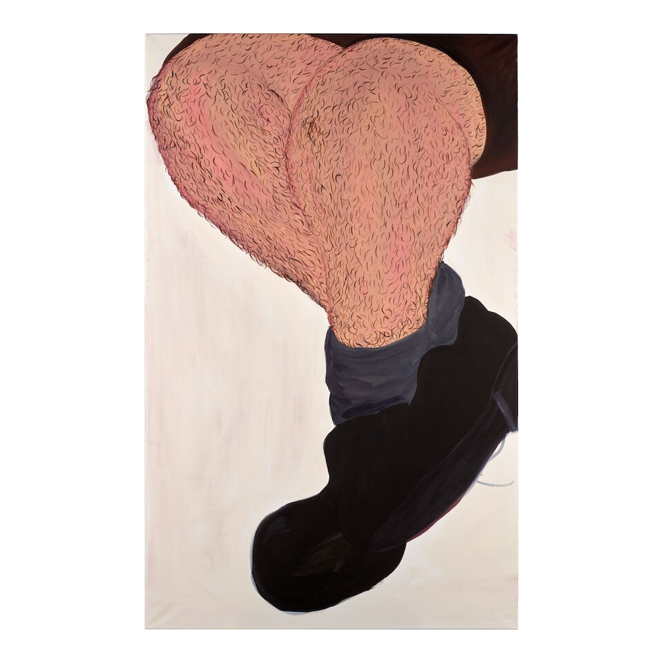 JOSIP NOVOSEL (B. 1988) Joseph's calves with flexed foot muscles view (princess pose) 63 x 39 1...: JOSIP NOVOSEL (B. 1988) Joseph's calves with flexed foot muscles view (princess pose) signed, inscribed German and dated 'Josip Novosel 2023' (on the reverse) oil on cotton canvas 63 x 39 1/4 in (160