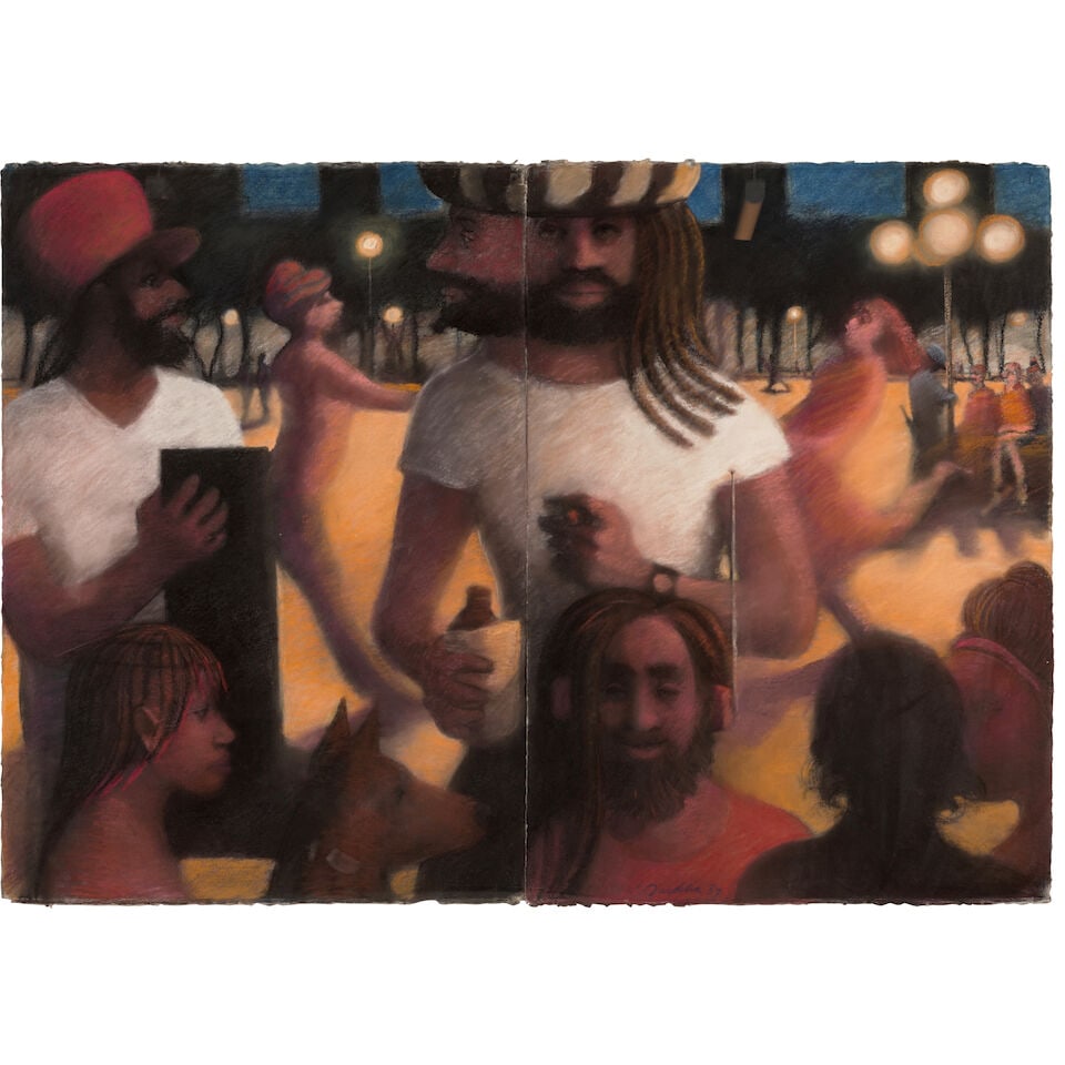 BILL JACKLIN, R.A. (B. 1943) Washington Square at Night overall: 41 x 58 in (104.1 x 147.3 cm) (...: BILL JACKLIN, R.A. (B. 1943) Washington Square at Night signed and dated 'Jacklin 87' (lower right) pastel on paper, in two parts overall: 41 x 58 in (104.1 x 147.3 cm) Executed in 1986 Footnotes: Pro