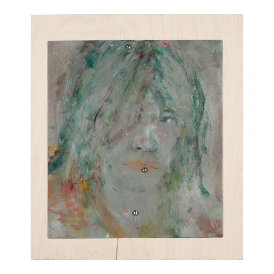 WILLA WASSERMAN (B. 1990) Sylvia 11 1/4 x 9 3/4 in (28.5 x 24.7 cm) (Painted in 2023): WILLA WASSERMAN (B. 1990) Sylvia oil on zinc mounted with screws to wood 11 1/4 x 9 3/4 in (28.5 x 24.7 cm) Painted in 2023 Footnotes: Provenance Modern Art Ltd., London. Acquired from the above by th