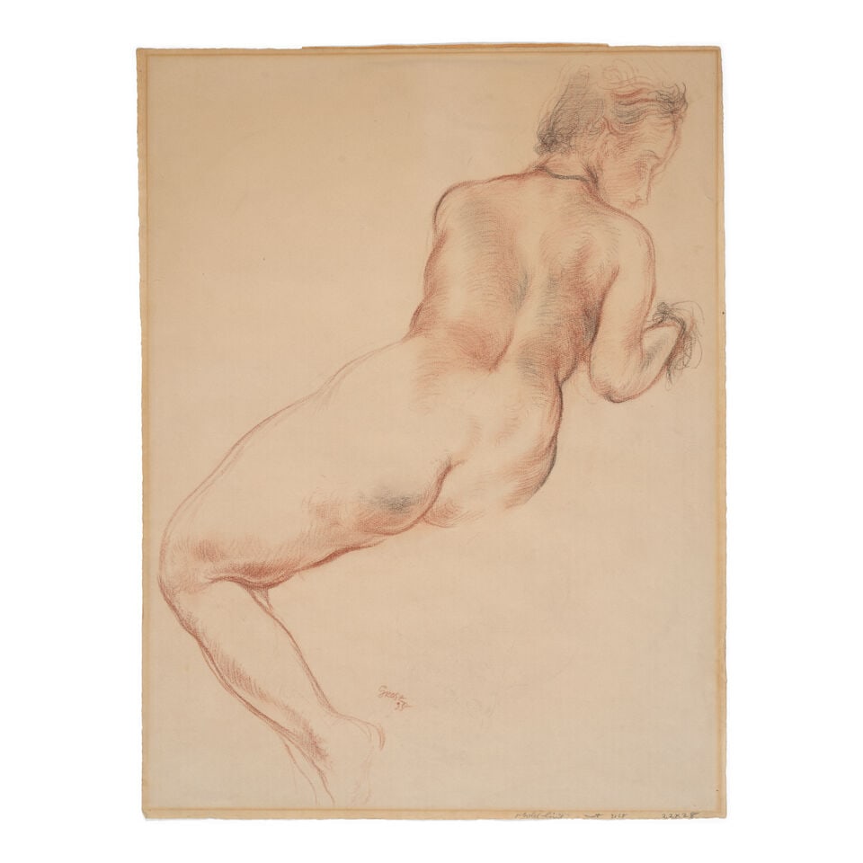 GEORGE GROSZ (1893-1959) Seated Nude 24 3/4 x 18 3/4 in (63 x 47.6 cm) (Executed in 1938): GEORGE GROSZ (1893-1959) Seated Nude signed and dated 'Grosz 38' (lower center) sanguine and black chalk on paper 24 3/4 x 18 3/4 in (63 x 47.6 cm) Executed in 1938 Footnotes: The authenticity of this