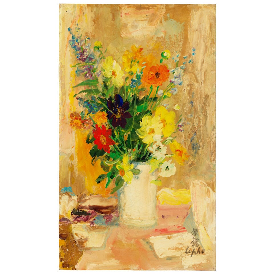 LE PHO (1907-2001) Les Dahlias 18 1/16 x 10 5/8 in (45.8 x 27 cm) (): LE PHO (1907-2001) Les Dahlias signed 'Le Pho' and further signed in Chinese (lower right) oil on silk laid down on board 18 1/16 x 10 5/8 in (45.8 x 27 cm) Footnotes: The authenticity of this work ha