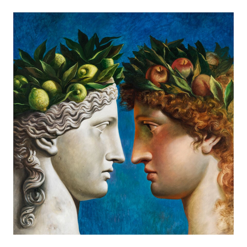 CARLO MARIA MARIANI (1931-2021) Two Heads 40 x 40 in (101.6 x 101.6 cm) (Painted in 2000): CARLO MARIA MARIANI (1931-2021) Two Heads signed and dated twice and inscribed ''Two Heads' Carlo Maria Mariani/2000 ©2000 Carlo Maria Mariani' (on the reverse) oil on canvas 40 x 40 in (101.6 x