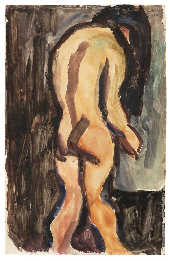 GEORGES ROUAULT (1871-1958) Nu de dos 12 5/16 x 8 in (31.3 x 20.3 cm) (Executed in 1918): GEORGES ROUAULT (1871-1958) Nu de dos signed and dated 'G. Rouault 1918' (upper right) gouache and watercolor on paper 12 5/16 x 8 in (31.3 x 20.3 cm) Executed in 1918 Footnotes: The authenticity of t