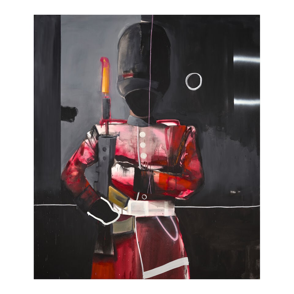 MARCUS JANSEN (B. 1968) King's Guard in Black 84 x 72 in (213.4 x 182.9 cm) (Executed in 2021): MARCUS JANSEN (B. 1968) King's Guard in Black signed, inscribed and dated 'King's Guard in Black Jansen 2021' (on the reverse) oil enamel, spray paint and oilstick on canvas 84 x 72 in (213.4 x 182.9