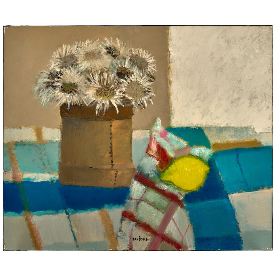 GUY BARDONE (1927-2015) Chardons et citron 18 x 21 1/2 in (45.7 x 54.6 cm) (Painted in 1988): GUY BARDONE (1927-2015) Chardons et citron signed 'Bardone.' (lower center); signed again and inscribed 'Chardons et Citron.' (on the stretcher bar) oil on canvas 18 x 21 1/2 in (45.7 x 54.6 cm) Paint