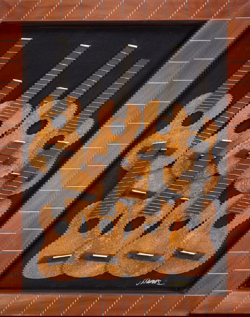 ARMAN (1928-2005) Cavaquinho 12 9/16 x 9 5/16 in (31.9 x 23.6 cm) (Conceived in 2003, this work ...: ARMAN (1928-2005) Cavaquinho signed 'Arman' (lower right); signed again and numbered '39/99' (on a certificate affixed to the reverse) accumulation (metal, wood) glued to canvas marouflaged on panel 1