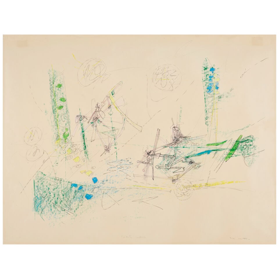 ROBERTO MATTA (1911-2002) Condenti irreflective 19 5/8 x 25 1/2 in (49.9 x 64.7 cm) (Executed in...: ROBERTO MATTA (1911-2002) Condenti irreflective inscribed 'Condenti irreflective' (lower center); signed 'Matta' (lower right) graphite and colored pencil on paper 19 5/8 x 25 1/2 in (49.9 x 64.7 cm)