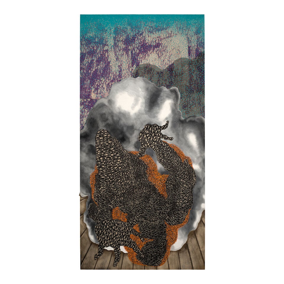 DIDIER WILLIAM (B. 1983) limyè a pou yo 86 x 42 in (218.4 x 106.7 cm) (Executed in 2019): DIDIER WILLIAM (B. 1983) limyè a pou yo acrylic, wood carving and collage on panel 86 x 42 in (218.4 x 106.7 cm) Executed in 2019 Footnotes: Provenance Private collection, New York. This lot is s