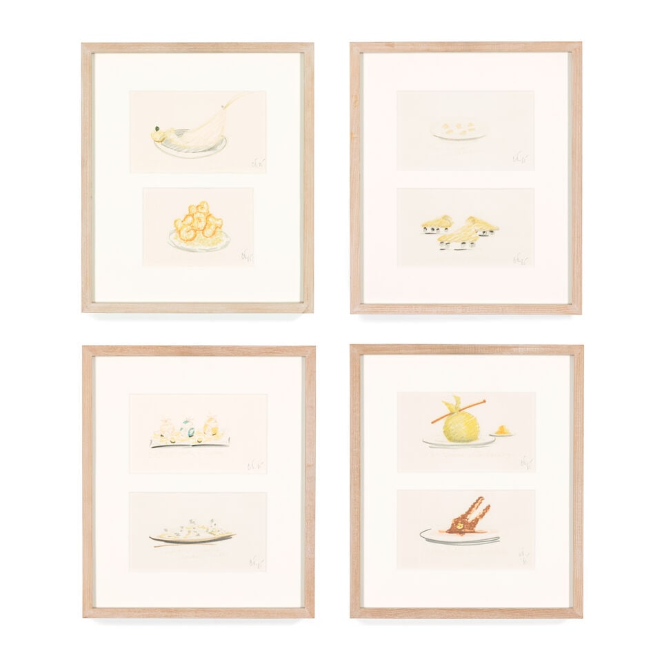 CLAES OLDENBURG (1929-2022) Group of eight drawings for the Menu from II Corso del Coltello each...: CLAES OLDENBURG (1929-2022) Group of eight drawings for the Menu from II Corso del Coltello Aragosta Vellata alla Sleazy Dora Lettere di Pollo Crema di Tappeo e di Castagne Calzone con Pattini Biglie