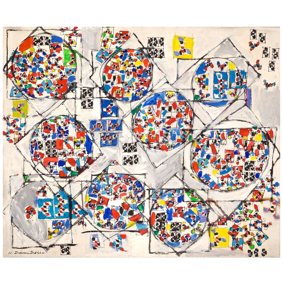 NATALIA DUMITRESCO (1915-1997) Untitled 14 7/8 x 18 1/8 in (37.8 x 46 cm) (Painted in 1968): NATALIA DUMITRESCO (1915-1997) Untitled signed 'N. Dumitresco' (lower left); faintly signed and dated 'Natalia Dumitresco 1968' (on the reverse) oil on canvas 14 7/8 x 18 1/8 in (37.8 x 46 cm) Painted