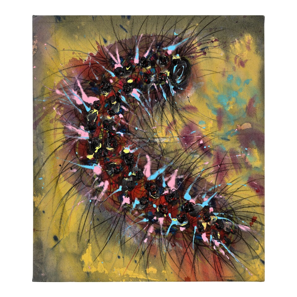 ANDREJ DÚBRAVSKÝ (B. 1987) Thick and hairy, just as you love it 22 7/8 x 19 7/8 in (58...: ANDREJ DÚBRAVSKÝ (B. 1987) Thick and hairy, just as you love it signed and dated 'Andrej Dúbravský 2023' (on the reverse) acrylic, charcoal and oil pastel on canvas 22 7/8 x 19 7/8