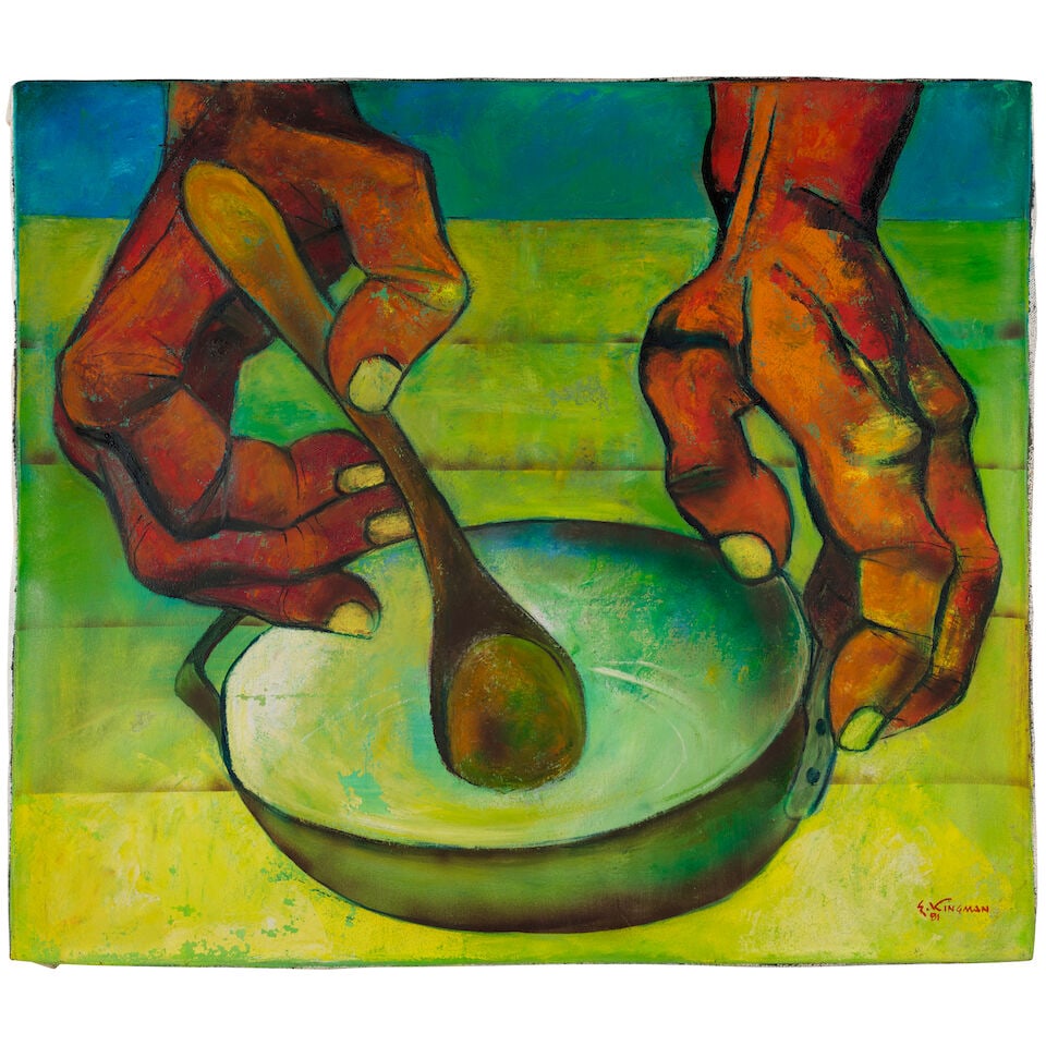 EDUARDO KINGMAN (1913-1997) Ambiente de cocina 25 9/16 × 29 1/2 in (65 x 74.9 cm) (unstretc...: EDUARDO KINGMAN (1913-1997) Ambiente de cocina signed and dated 'E. Kingman 81' (lower right) oil on canvas 25 9/16 × 29 1/2 in (65 x 74.9 cm) (unstretched) Painted in 1981 Footnotes: The authent