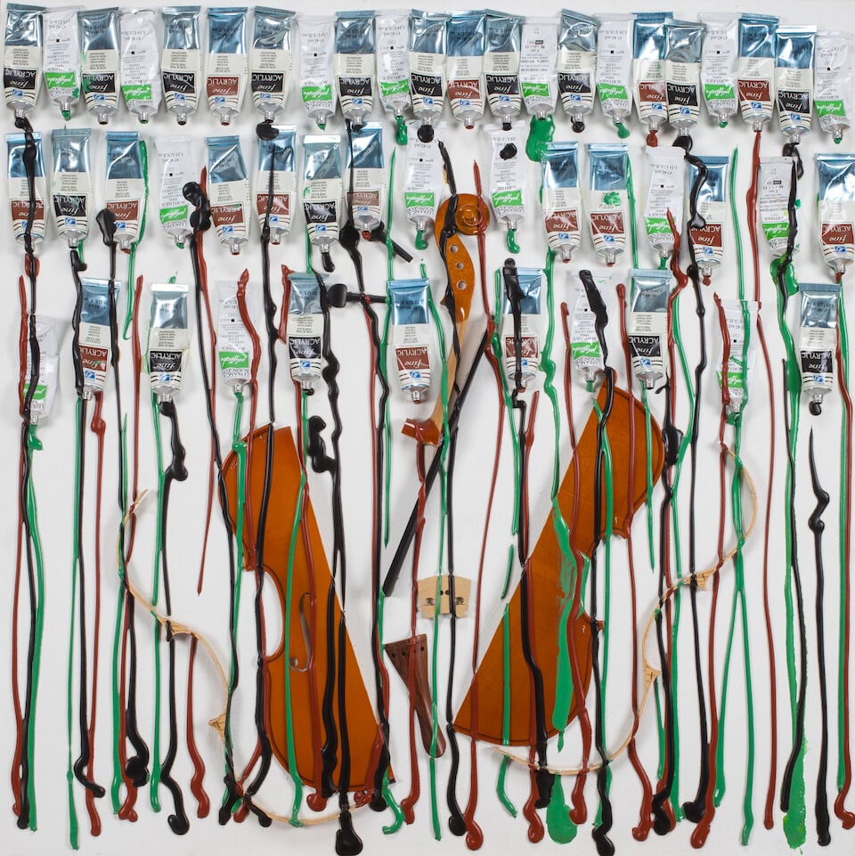 ARMAN (1928-2005) Violin and Paint Tubes 31 1/2 x 31 1/2 in (80 x 80 cm) (): ARMAN (1928-2005) Violin and Paint Tubes signed 'Arman' (on the lower turning edge) sliced violin, paint tubes and acrylic on canvas 31 1/2 x 31 1/2 in (80 x 80 cm) Footnotes: Provenance Private colle