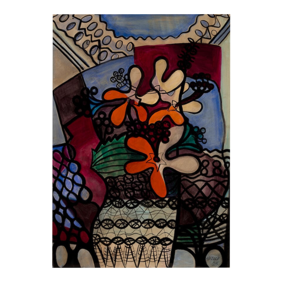 AMELIA PELÁEZ (1896-1968) Naturaleza muerta 40 1/2 x 28 1/2 in (102.8 x 72.3 cm) (Painted i...: AMELIA PELÁEZ (1896-1968) Naturaleza muerta signed and dated 'A Peláez 1945' (lower right) gouache and watercolor on paper 40 1/2 x 28 1/2 in (102.8 x 72.3 cm) Painted in 1945 Footnotes: The