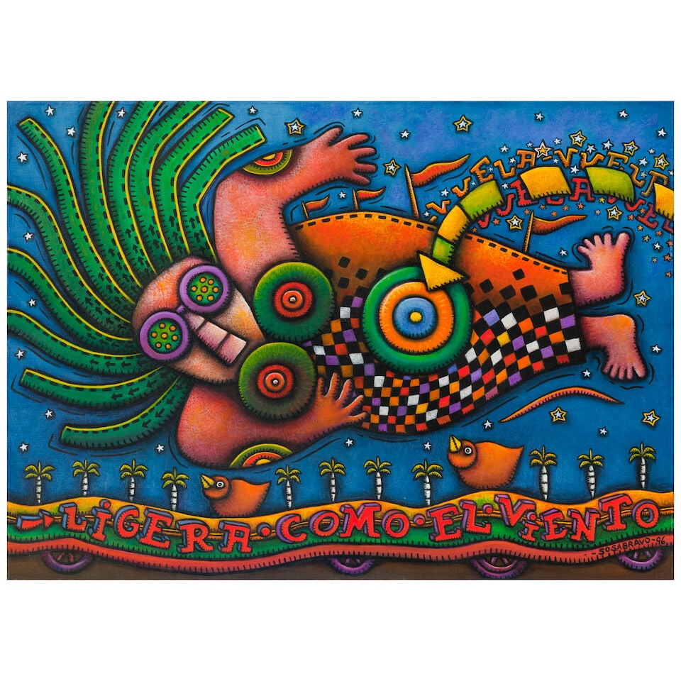 ALFREDO SOSABRAVO (B. 1930) Ligera como el viento 26 x 35 1/2 in (66 x 90 cm) (Painted in 1996): ALFREDO SOSABRAVO (B. 1930) Ligera como el viento signed and dated 'Sosabravo 96' (lower right); signed, inscribed and dated ''Ligera como el viento Sosabravo -Dic. 1996- para Rubén, de Sosabravo